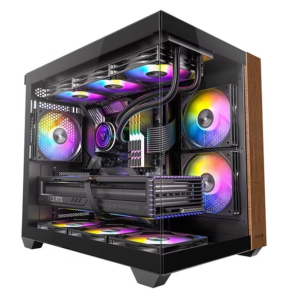  Mid-Tower Case: OKINOS Mirage 6 ARGB Walnut Wood<br>4x 120mm ARGB Fans, 2x USB 3.0 + 1x USB Type-C (10GBps), 1x Mic/Headphones Jack, Tempered Glass Side & Front Panels, Supports: ATX/m-ATX/mini-ITX  